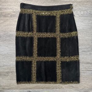 Franco Moschino Vintage Black Suede Leather Gold Embroidered Pencil Skirt IT 46